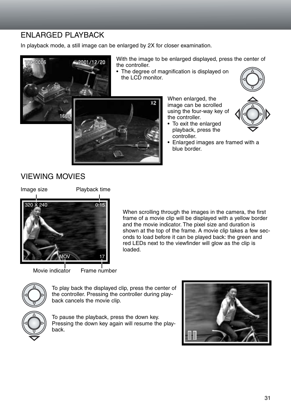 Enlarged playback viewing movies | Konica Minolta DiMAGE E203 User Manual | Page 31 / 56
