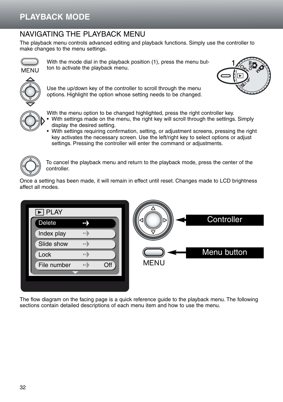 Navigating the playback menu, Controller menu button, 1playback mode | Konica Minolta DiMAGE E203 User Manual | Page 32 / 56
