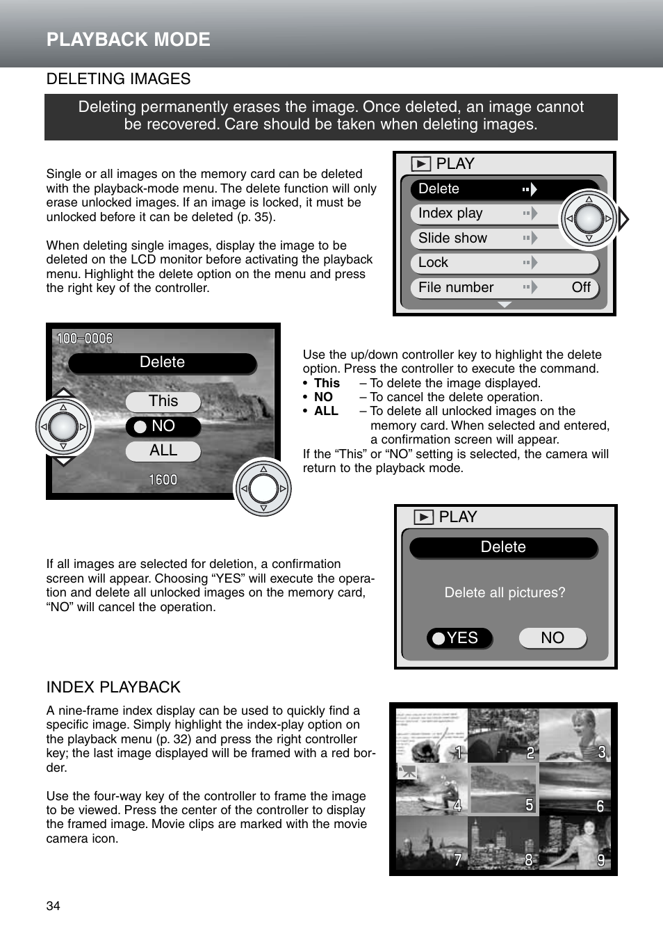 Deleting images index playback, Playback mode | Konica Minolta DiMAGE E203 User Manual | Page 34 / 56