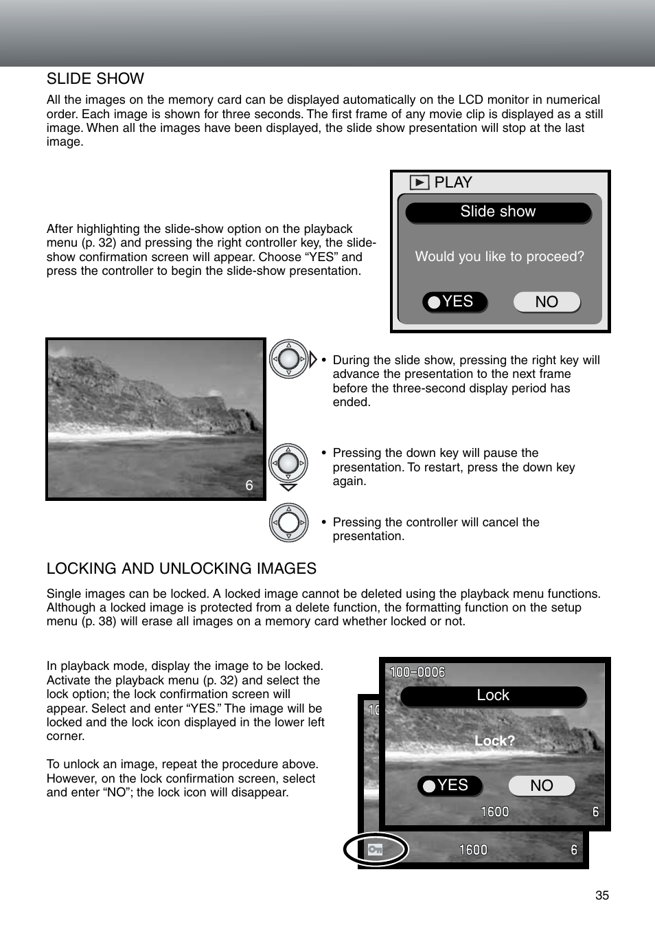 Slide show locking and unlocking images | Konica Minolta DiMAGE E203 User Manual | Page 35 / 56
