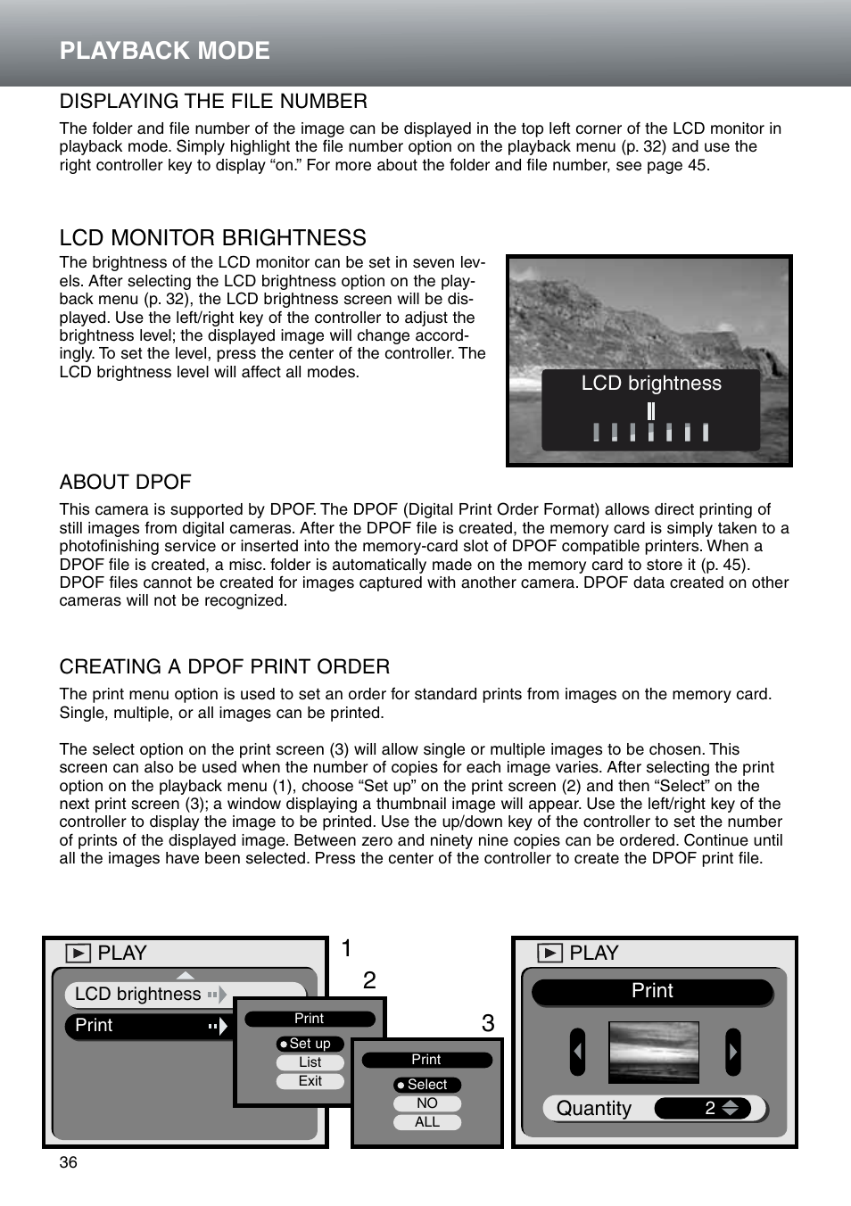 Playback mode, Lcd monitor brightness | Konica Minolta DiMAGE E203 User Manual | Page 36 / 56