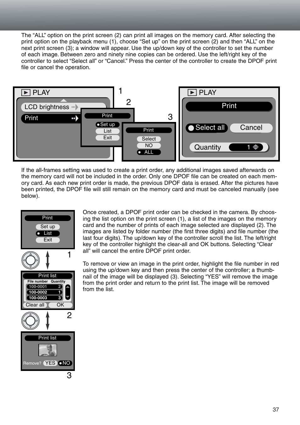 Play, Quantity print play, Cancel select all | Konica Minolta DiMAGE E203 User Manual | Page 37 / 56