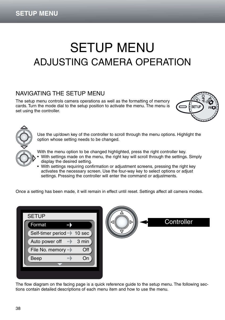 Setup mode – adjusting camera operation, Navigating the setup menu, Setup menu | Adjusting camera operation, Controller | Konica Minolta DiMAGE E203 User Manual | Page 38 / 56
