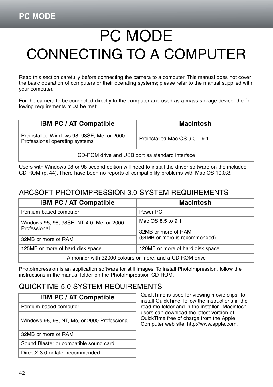 Pc mode – connecting to a computer, Connecting to a computer, Pc mode | Konica Minolta DiMAGE E203 User Manual | Page 42 / 56