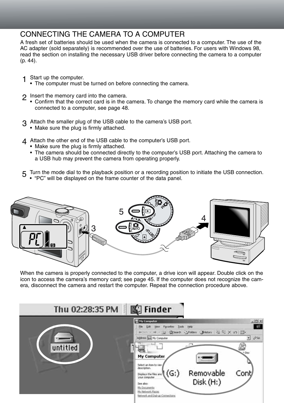 Connecting the camera to a computer | Konica Minolta DiMAGE E203 User Manual | Page 43 / 56