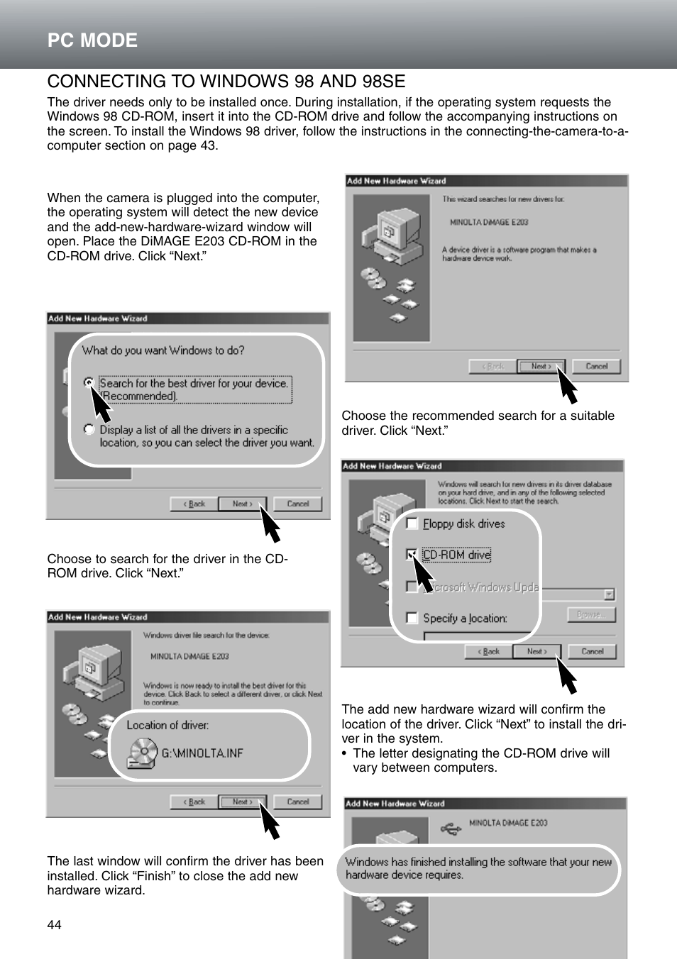 Connecting to windows 98 and 98se, Pc mode | Konica Minolta DiMAGE E203 User Manual | Page 44 / 56