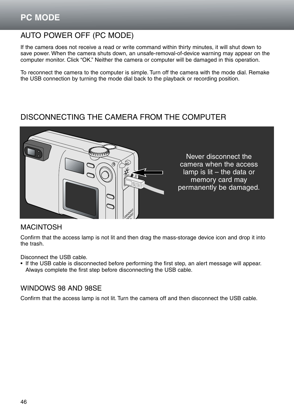 Macintosh windows 98 and 98se, Pc mode | Konica Minolta DiMAGE E203 User Manual | Page 46 / 56