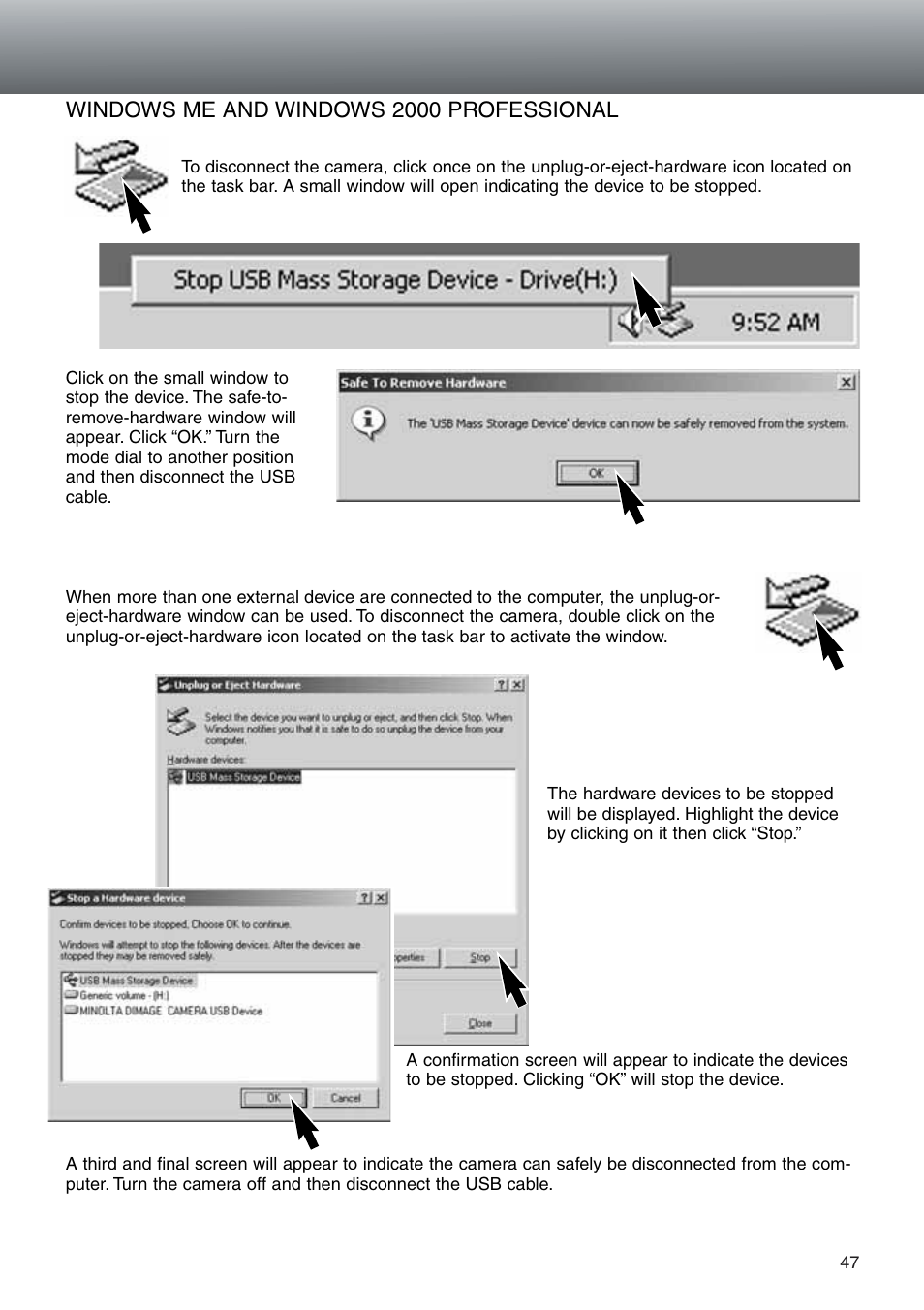 Windows me and windows 2000 professional | Konica Minolta DiMAGE E203 User Manual | Page 47 / 56