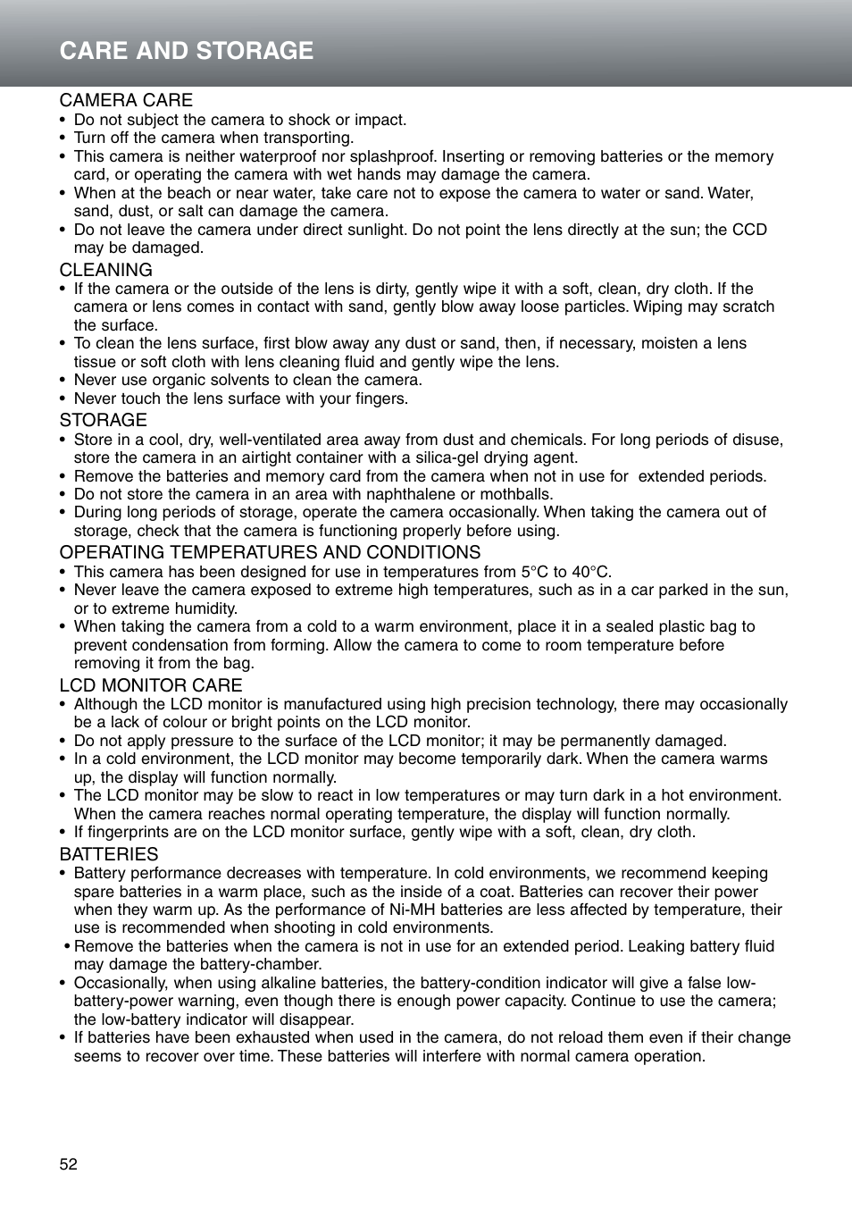 Care and storage | Konica Minolta DiMAGE E203 User Manual | Page 52 / 56