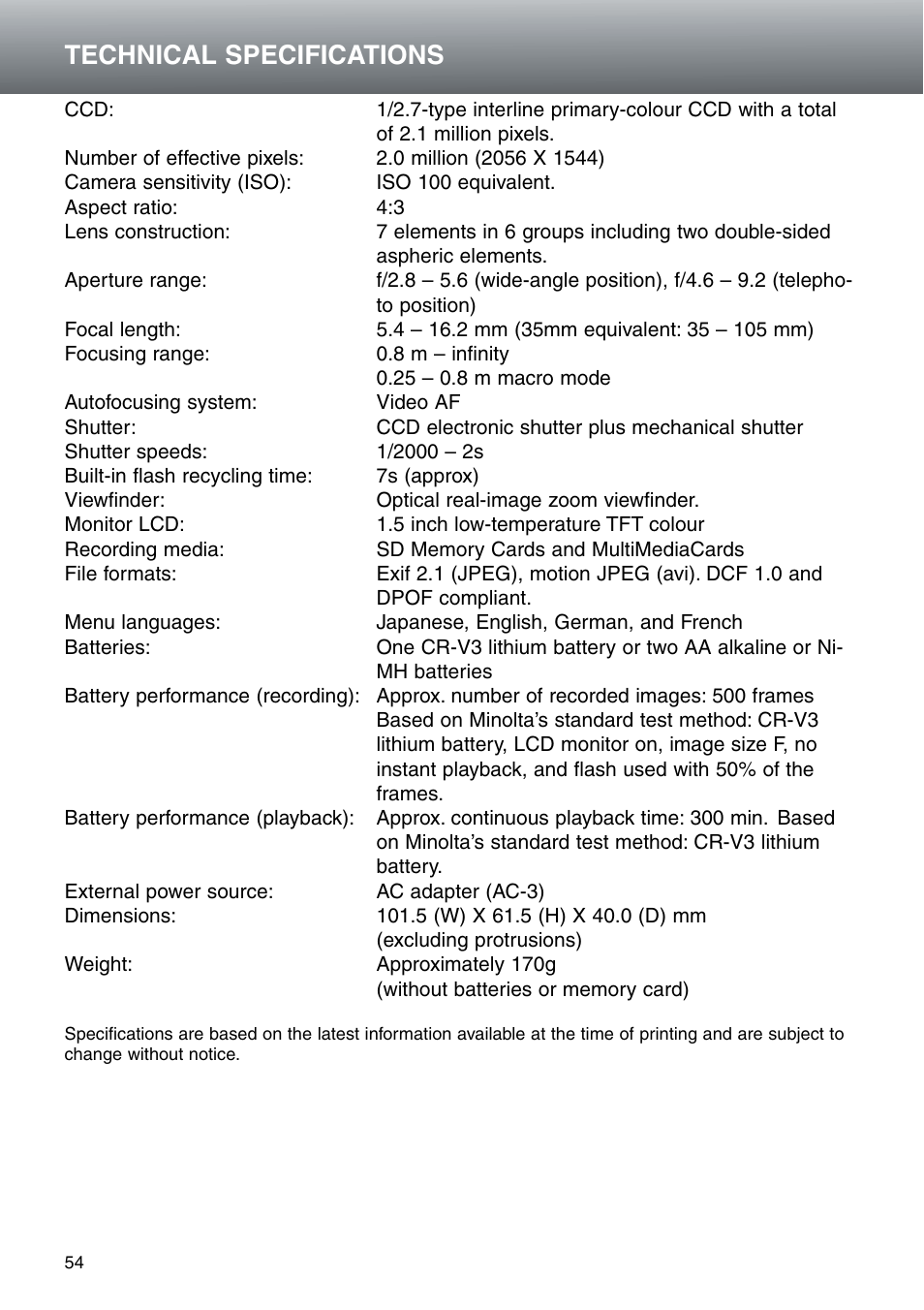 Technical specifications | Konica Minolta DiMAGE E203 User Manual | Page 54 / 56