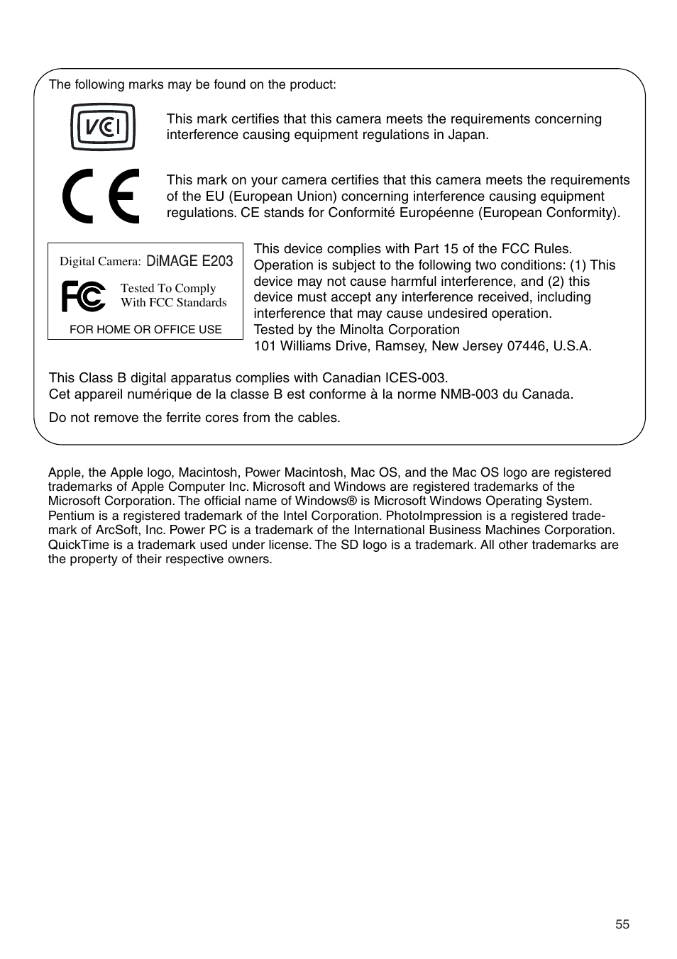 Konica Minolta DiMAGE E203 User Manual | Page 55 / 56