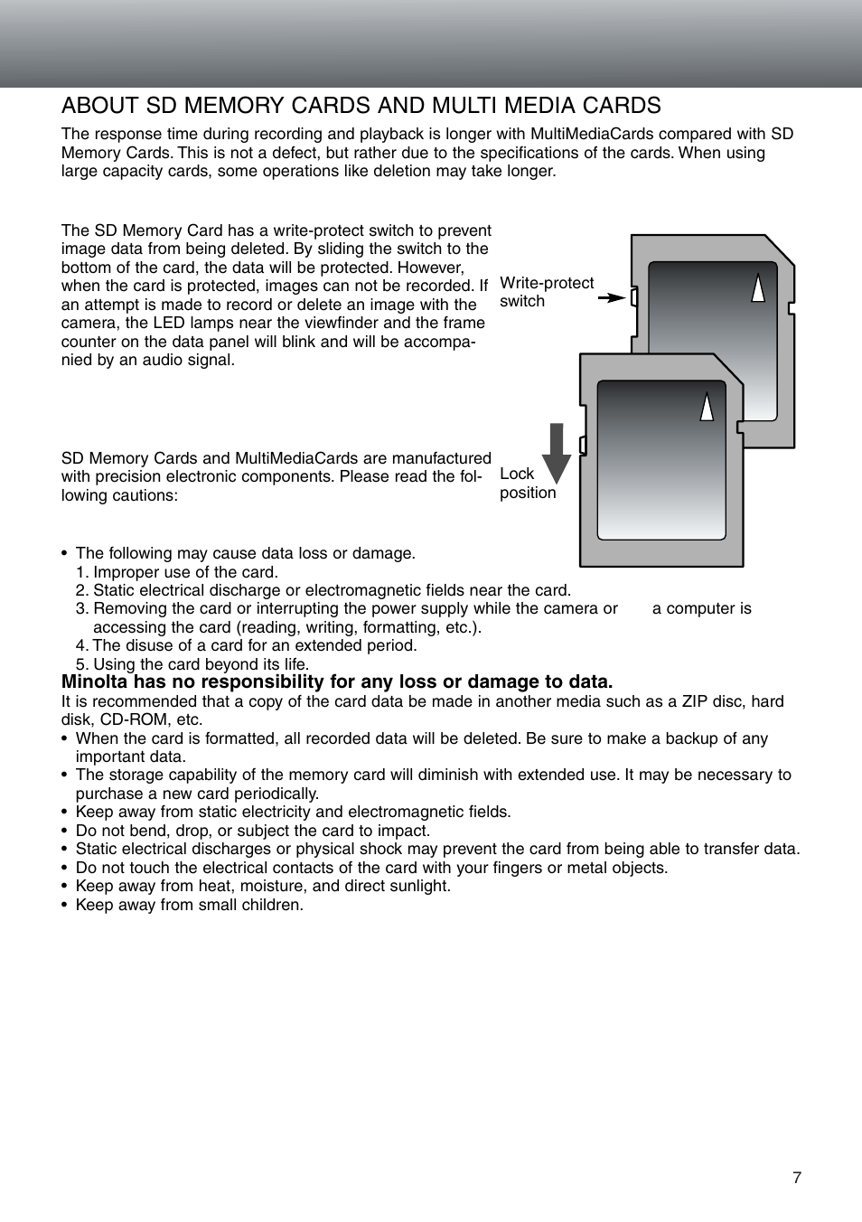 About sd memory cards and multimediacards | Konica Minolta DiMAGE E203 User Manual | Page 7 / 56