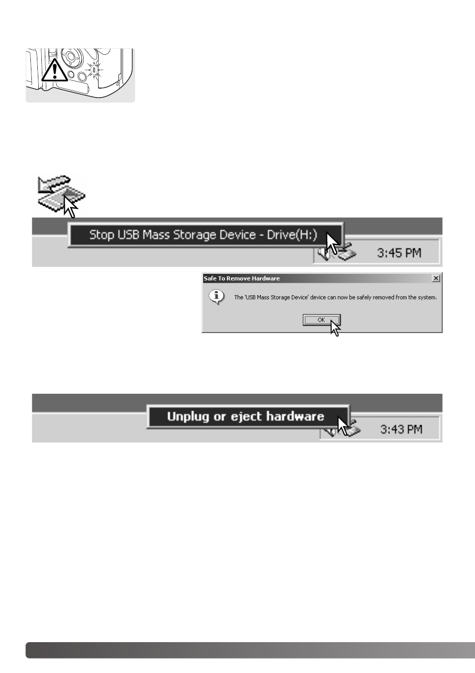Disconnecting the camera from the computer, Windows me, 2000 professional, and xp, Windows 98 / 98 second edition | Konica Minolta Dimage A1 User Manual | Page 154 / 172