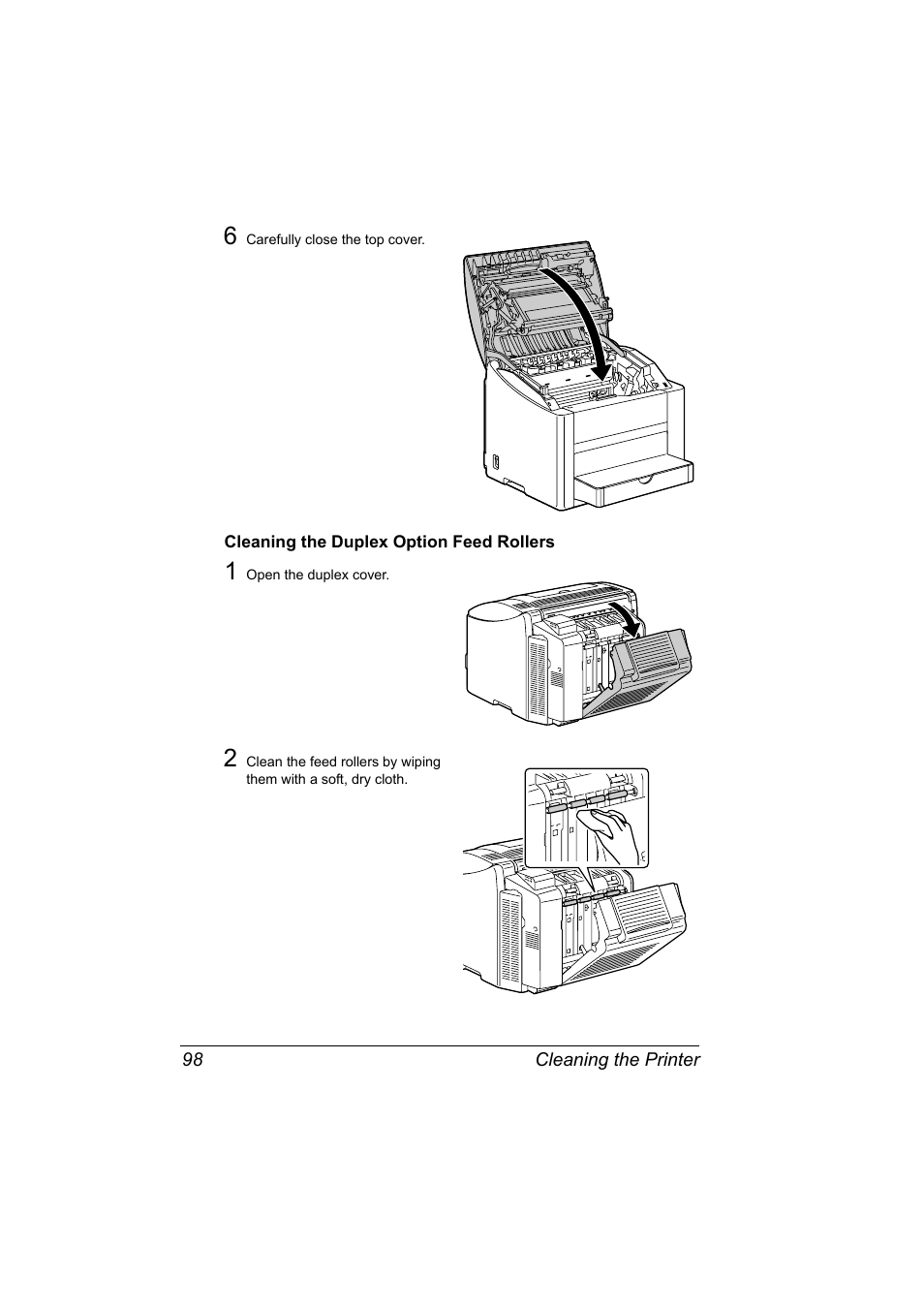 Cleaning the duplex option feed rollers, Cleaning the duplex option feed rollers 98 | Konica Minolta bizhub C10P User Manual | Page 110 / 168