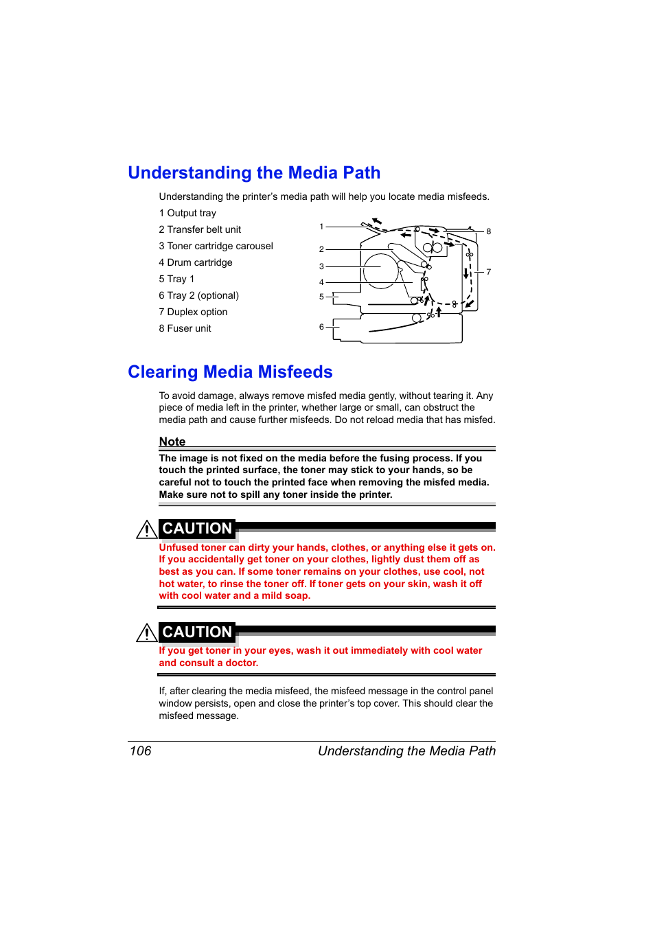 Understanding the media path, Clearing media misfeeds, Caution | Understanding the media path 106 | Konica Minolta bizhub C10P User Manual | Page 118 / 168