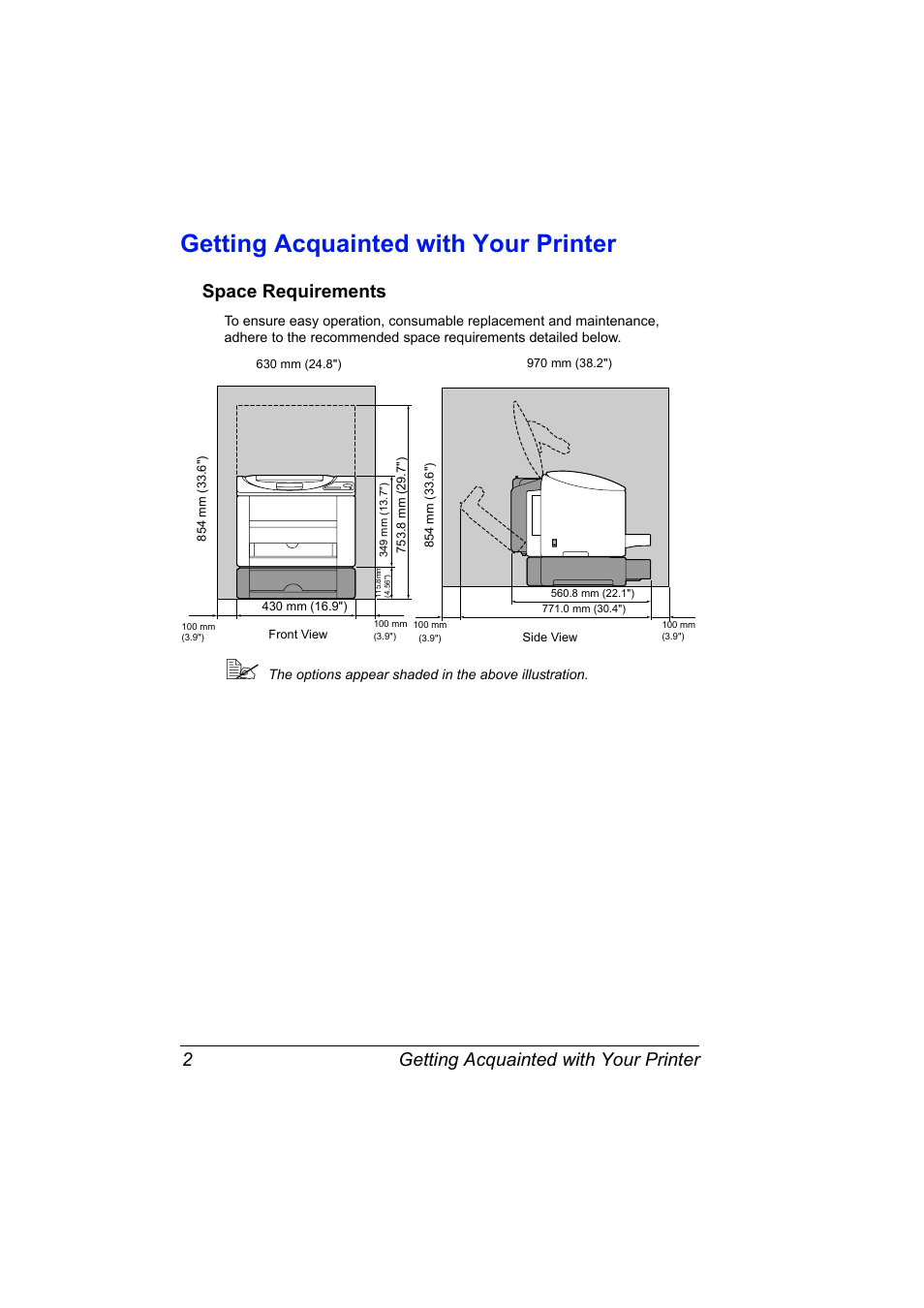 Getting acquainted with your printer, Space requirements, Getting acquainted with your printer 2 | Space requirements 2 | Konica Minolta bizhub C10P User Manual | Page 14 / 168