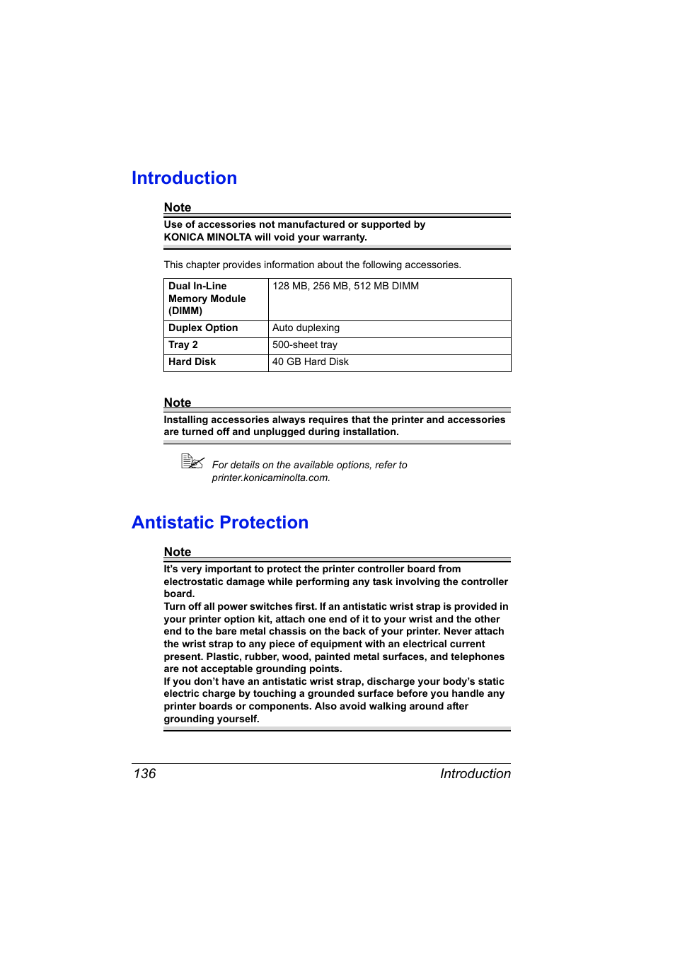 Introduction, Antistatic protection, Introduction 136 antistatic protection 136 | Konica Minolta bizhub C10P User Manual | Page 148 / 168