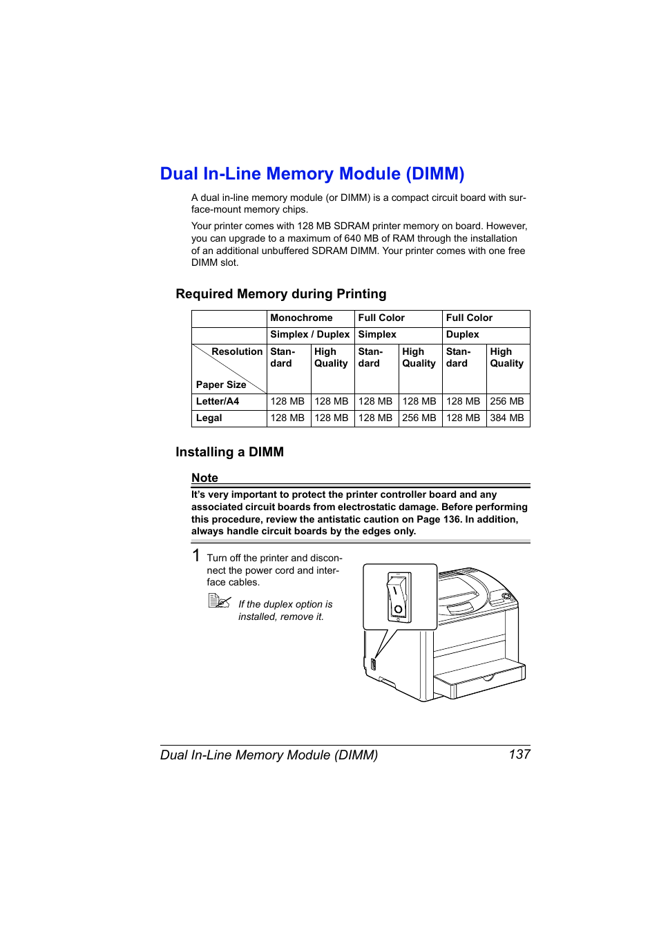 Dual in-line memory module (dimm), Required memory during printing, Installing a dimm | Dual in-line memory module (dimm) 137 | Konica Minolta bizhub C10P User Manual | Page 149 / 168