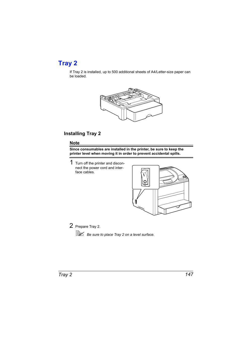 Tray 2, Installing tray 2, Tray 2 147 | Installing tray 2 147 | Konica Minolta bizhub C10P User Manual | Page 159 / 168