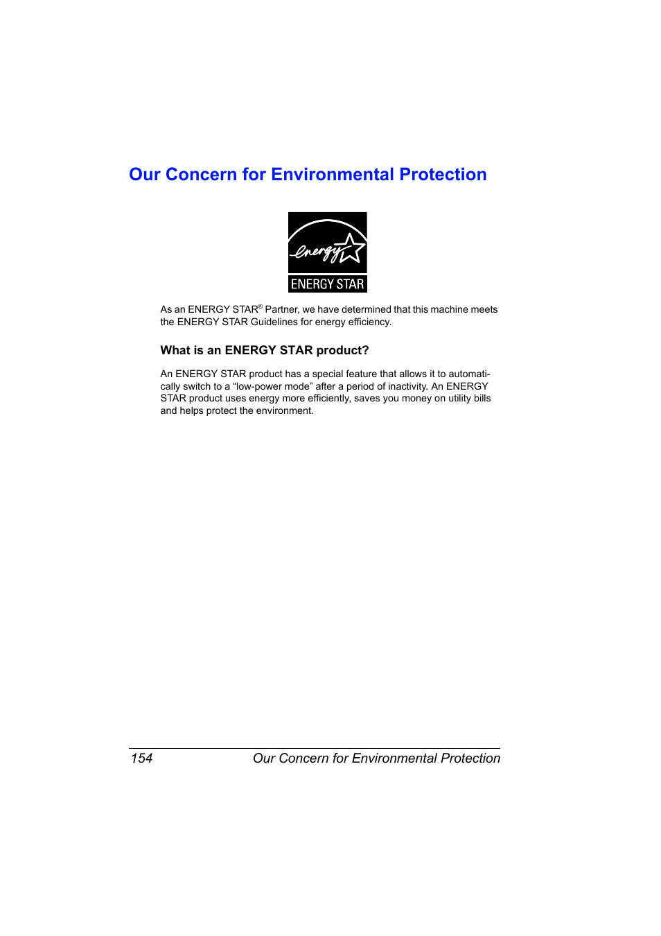 Our concern for environmental protection, What is an energy star product, Our concern for environmental protection 154 | What is an energy star product? 154 | Konica Minolta bizhub C10P User Manual | Page 166 / 168