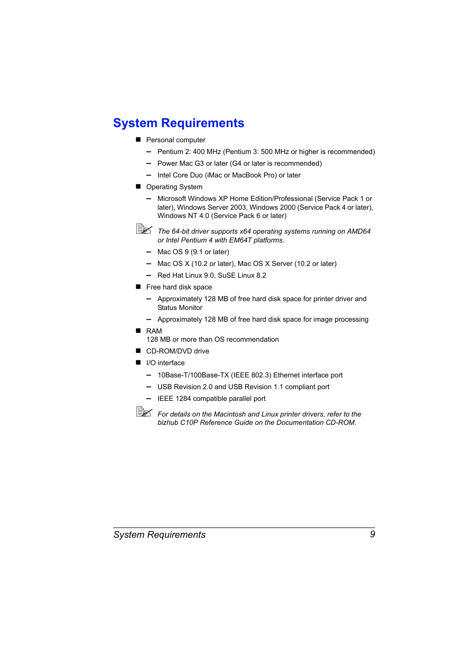 System requirements, System requirements 9 | Konica Minolta bizhub C10P User Manual | Page 21 / 168