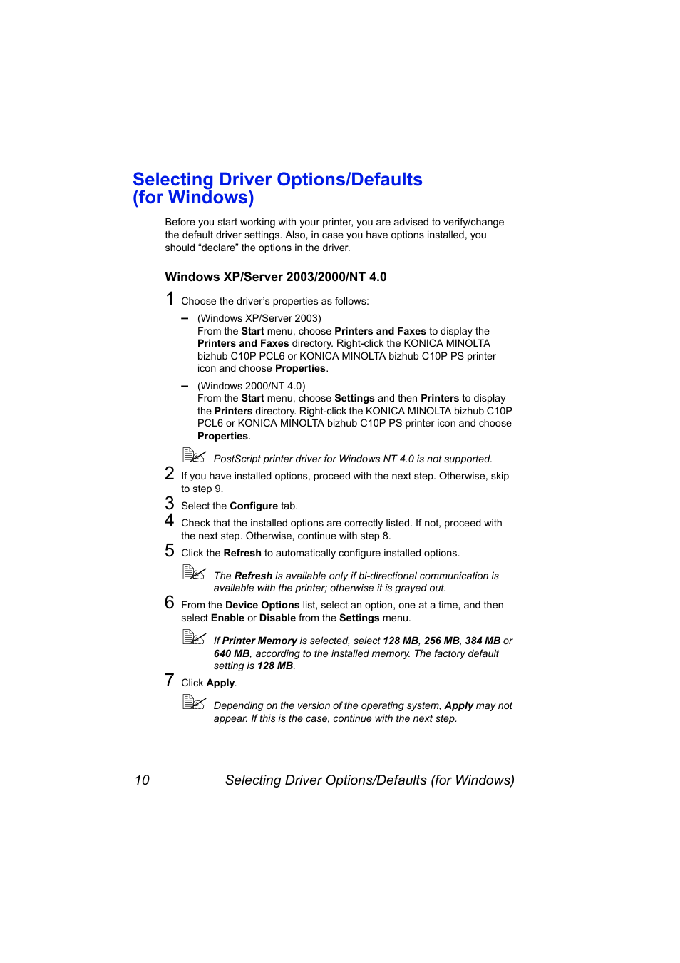 Selecting driver options/defaults (for windows), Windows xp/server 2003/2000/nt 4.0, Selecting driver options/defaults (for windows) 10 | Windows xp/server 2003/2000/nt 4.0 10 | Konica Minolta bizhub C10P User Manual | Page 22 / 168