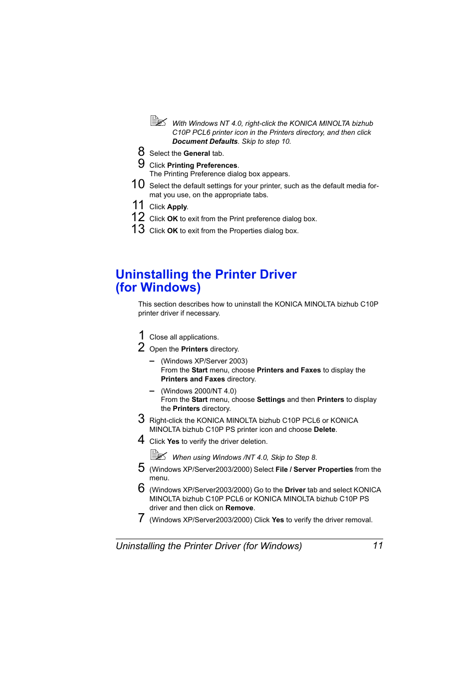 Uninstalling the printer driver (for windows), Uninstalling the printer driver (for windows) 11 | Konica Minolta bizhub C10P User Manual | Page 23 / 168