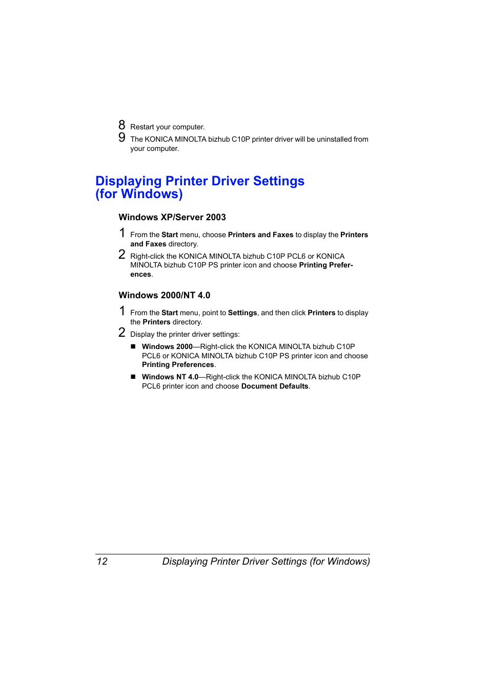 Displaying printer driver settings (for windows), Windows xp/server 2003, Windows 2000/nt 4.0 | Windows xp/server 2003 12 windows 2000/nt 4.0 12 | Konica Minolta bizhub C10P User Manual | Page 24 / 168