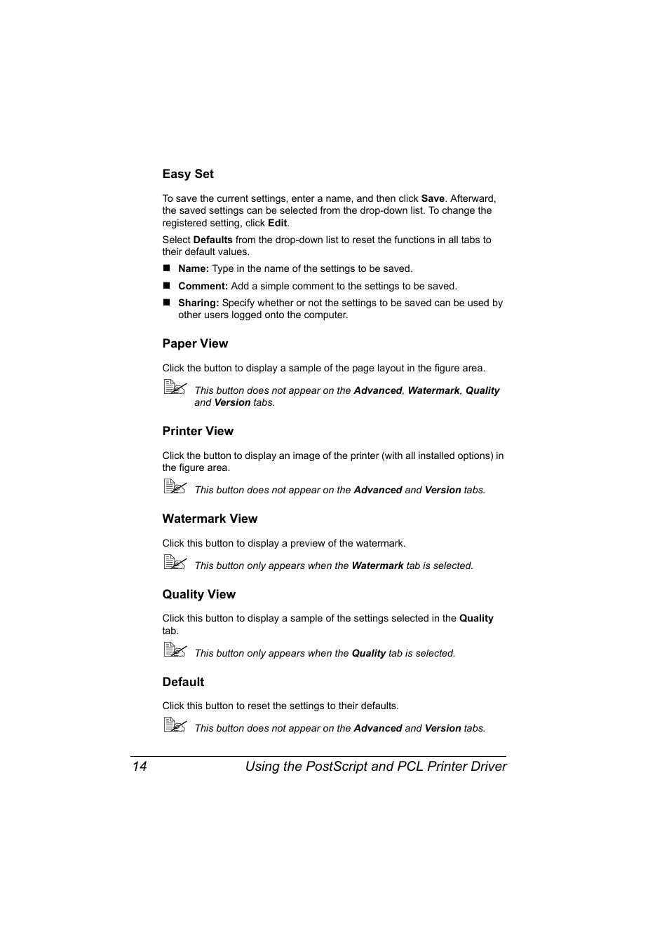 Easy set, Paper view, Printer view | Watermark view, Quality view, Default | Konica Minolta bizhub C10P User Manual | Page 26 / 168