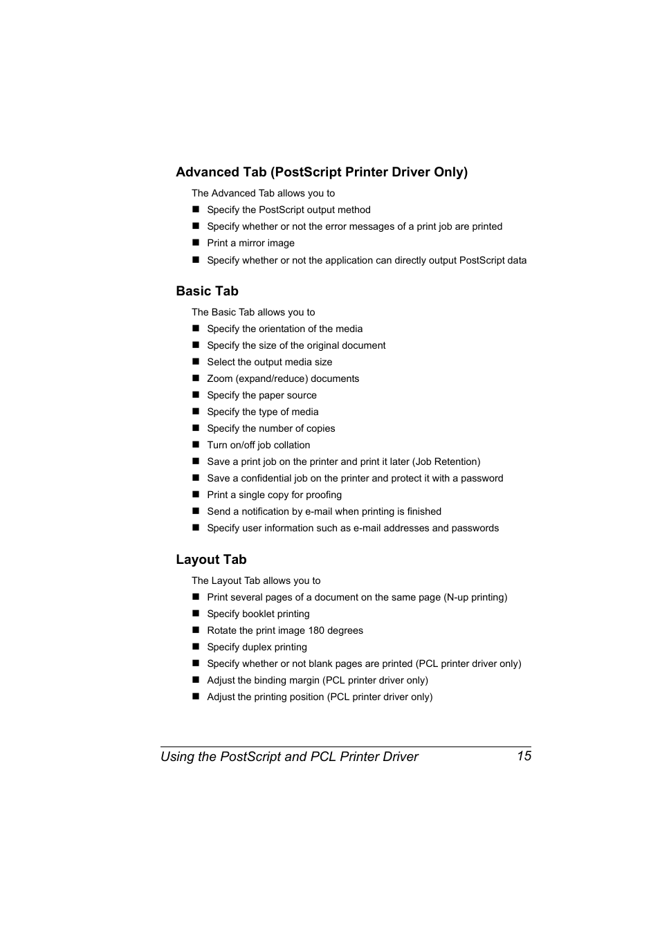 Advanced tab (postscript printer driver only), Basic tab, Layout tab | Konica Minolta bizhub C10P User Manual | Page 27 / 168