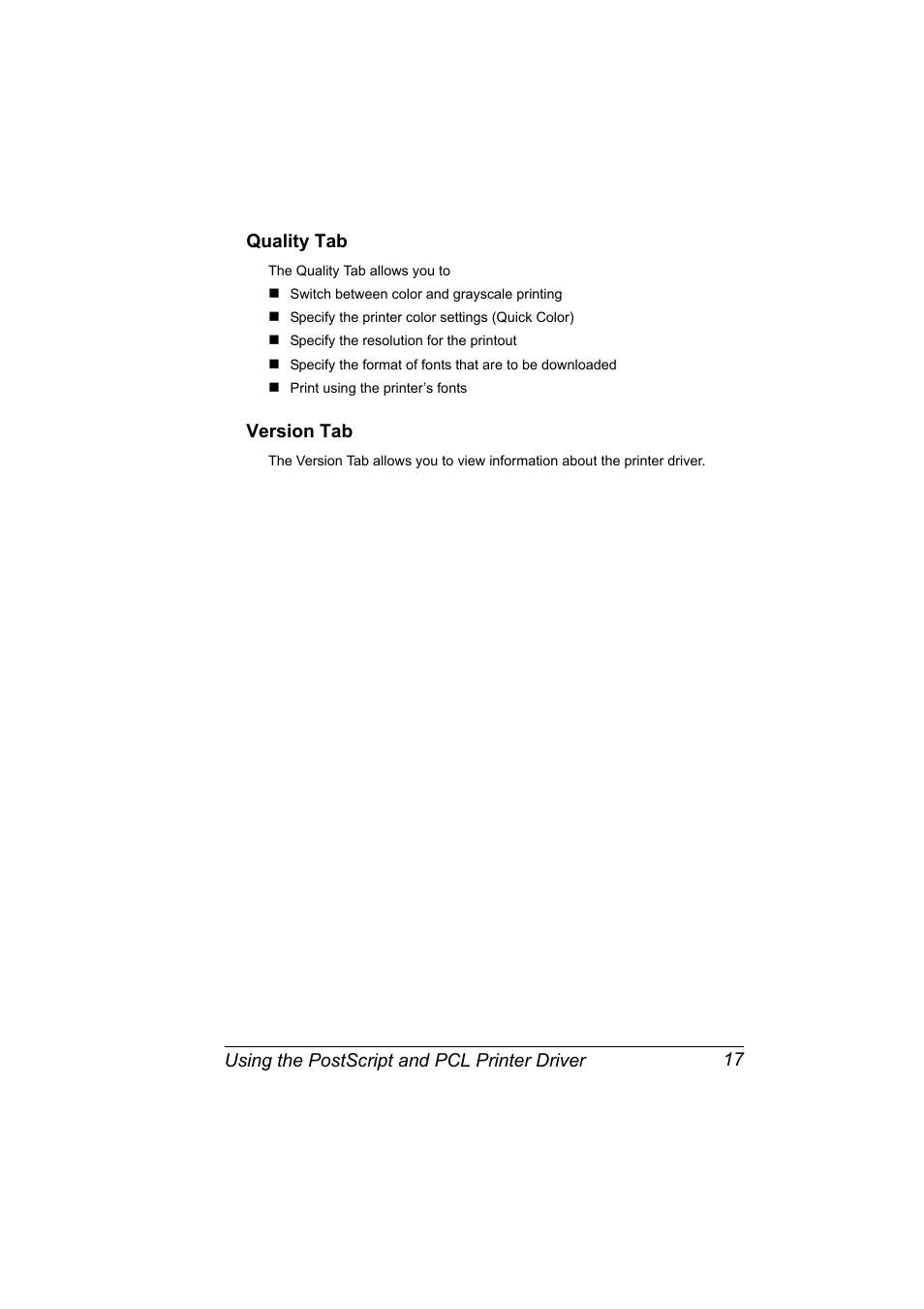 Quality tab, Version tab, Quality tab 17 version tab 17 | Konica Minolta bizhub C10P User Manual | Page 29 / 168