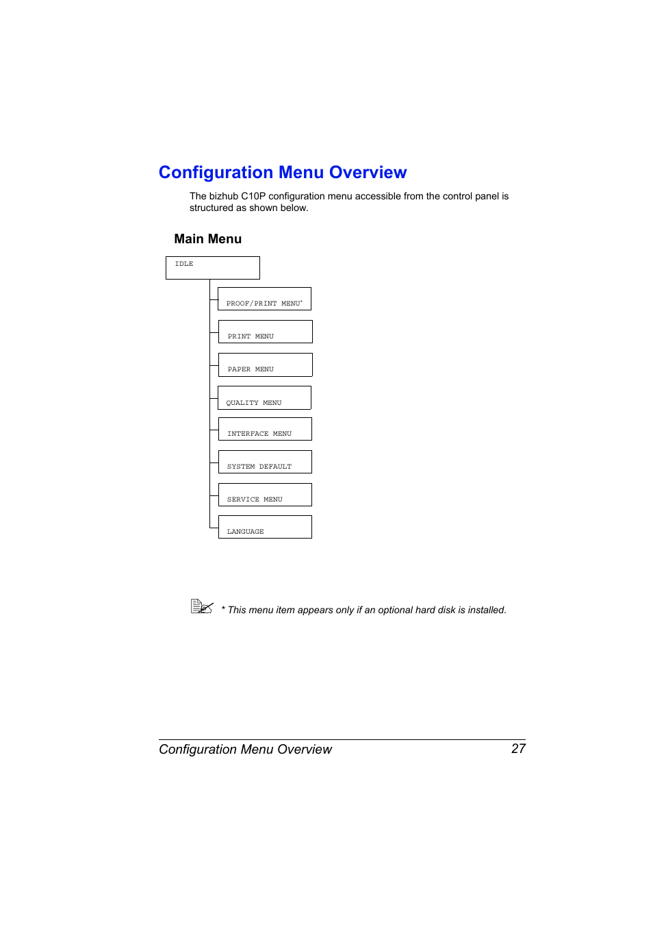 Configuration menu overview, Main menu, Configuration menu overview 27 | Main menu 27 | Konica Minolta bizhub C10P User Manual | Page 39 / 168