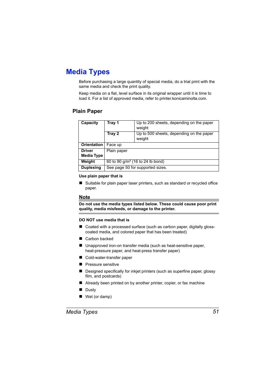 Media types, Plain paper, Media types 51 | Plain paper 51 | Konica Minolta bizhub C10P User Manual | Page 63 / 168