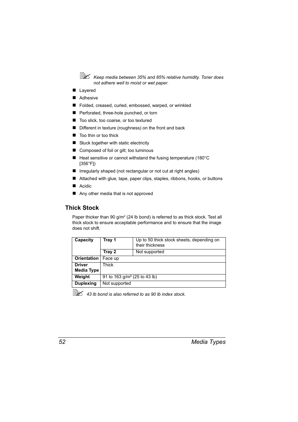 Thick stock, Thick stock 52, Media types 52 | Konica Minolta bizhub C10P User Manual | Page 64 / 168