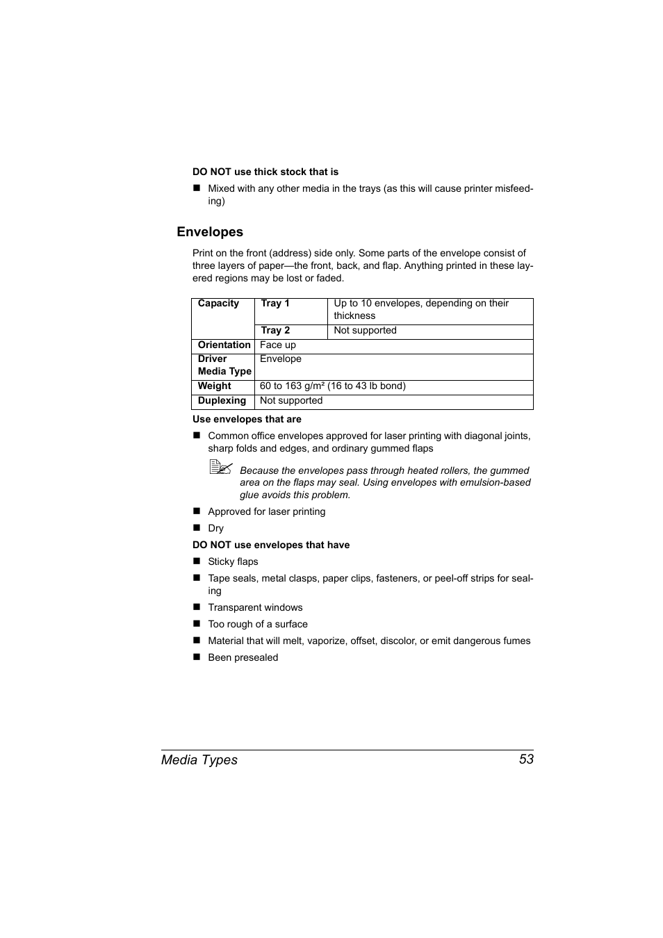 Envelopes, Envelopes 53, Media types 53 | Konica Minolta bizhub C10P User Manual | Page 65 / 168