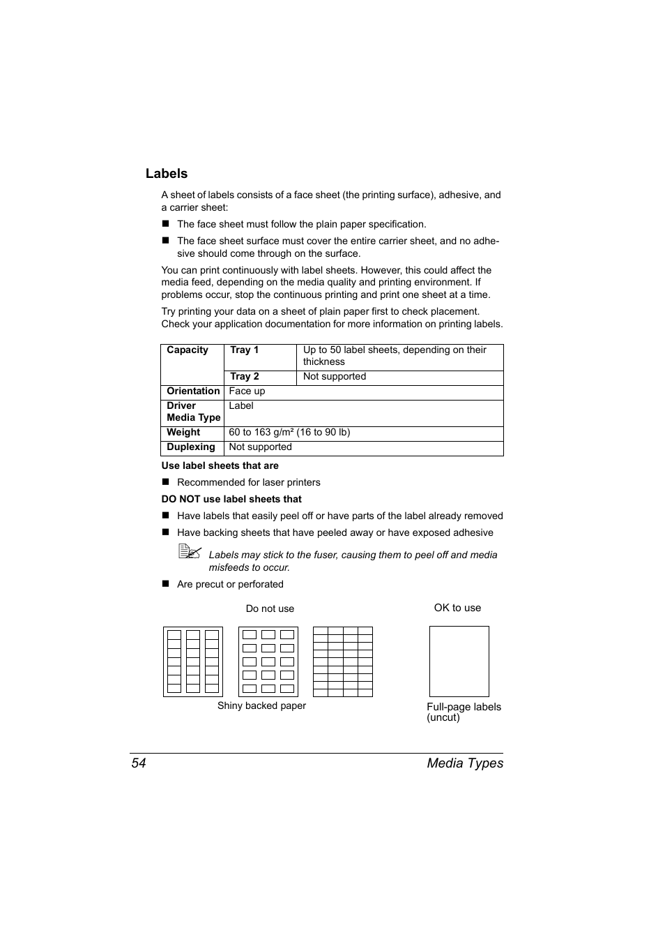 Labels, Labels 54, Media types 54 labels | Konica Minolta bizhub C10P User Manual | Page 66 / 168