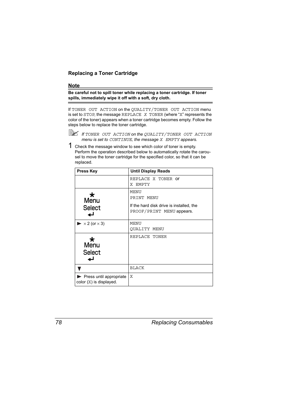 Replacing a toner cartridge, Replacing a toner cartridge 78, Replacing consumables 78 | Konica Minolta bizhub C10P User Manual | Page 90 / 168