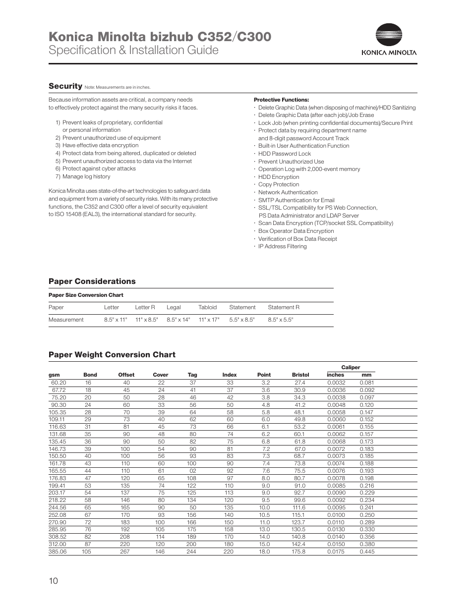 Security, Paper considerations, Paper weight conversion chart | Specification & installation guide | Konica Minolta bizhub C352 User Manual | Page 10 / 16