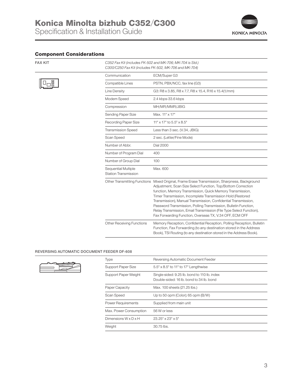 Component considerations, Specification & installation guide | Konica Minolta bizhub C352 User Manual | Page 3 / 16