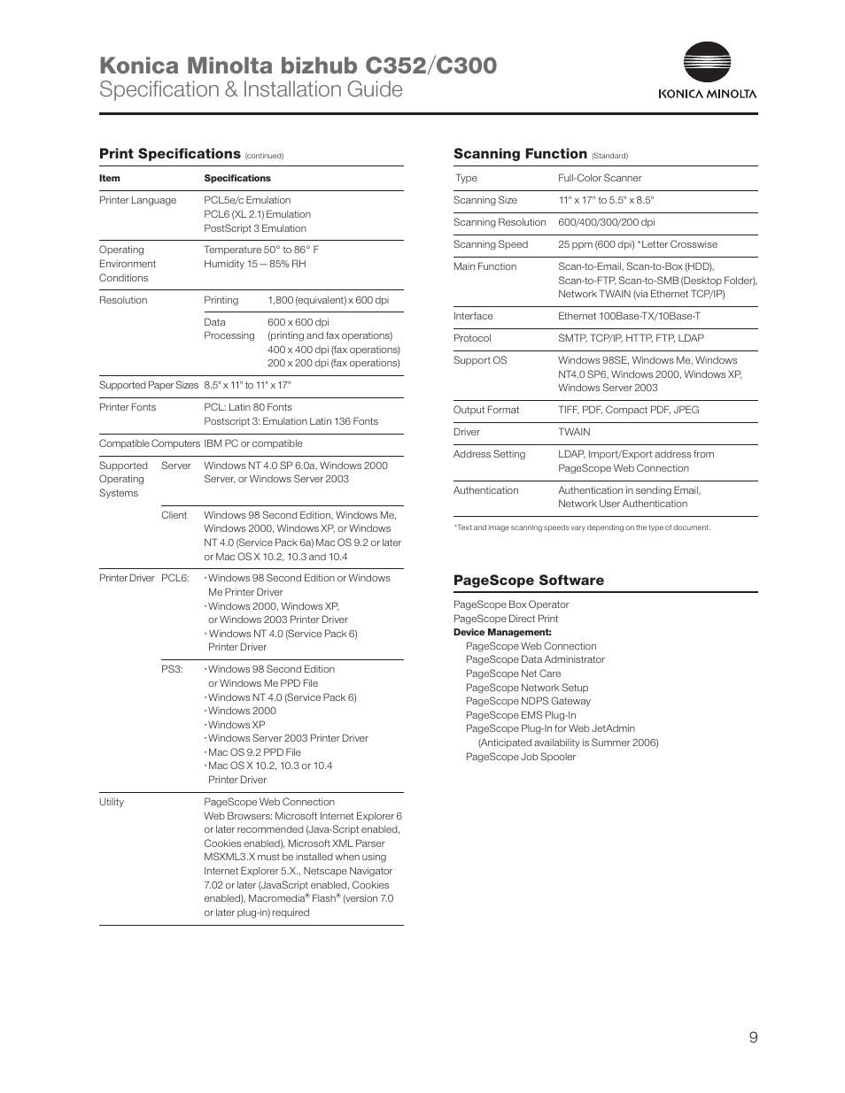 Scanning function (standard), Specification & installation guide, Print specifications | Scanning function, Pagescope software | Konica Minolta bizhub C352 User Manual | Page 9 / 16