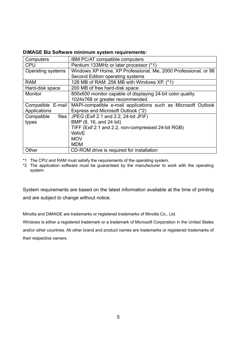 Konica Minolta Minolta DiMAGE Xt Biz User Manual | Page 5 / 5