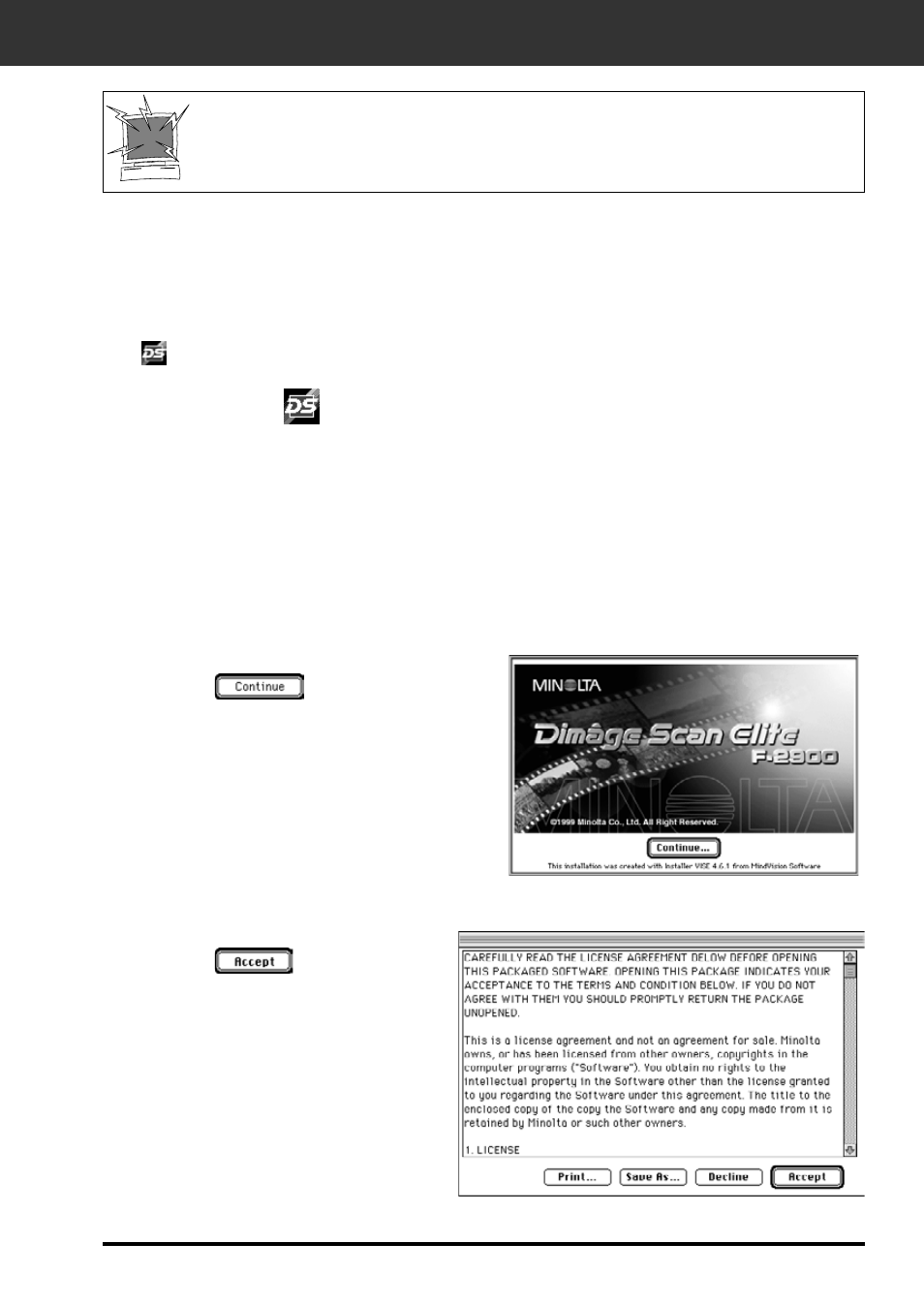 Installing the software macintosh | Konica Minolta Dimage Scan Elite F-2900 User Manual | Page 17 / 85