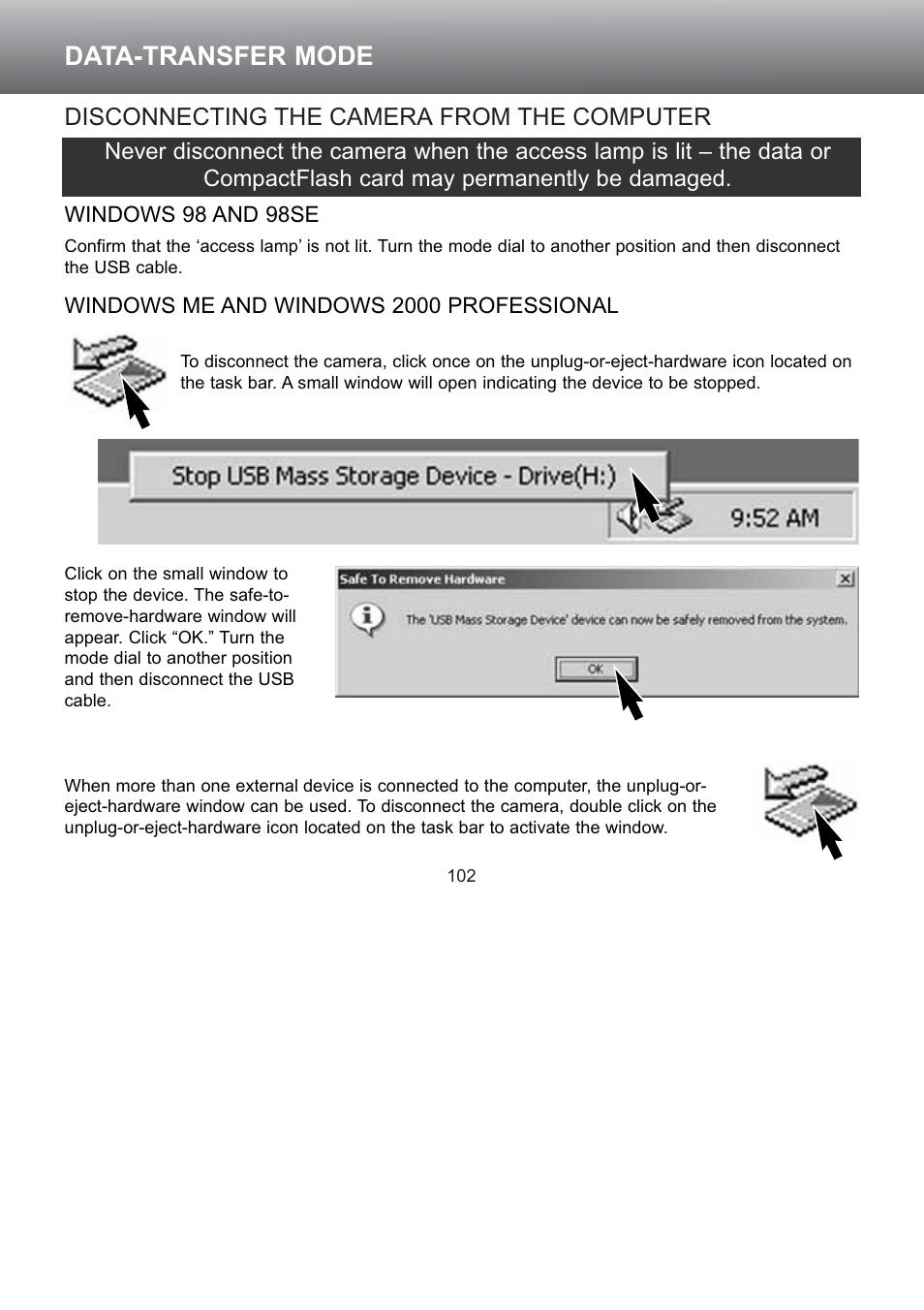 Disconnecting the camera from the computer, Data-transfer mode | Konica Minolta S304 User Manual | Page 102 / 118