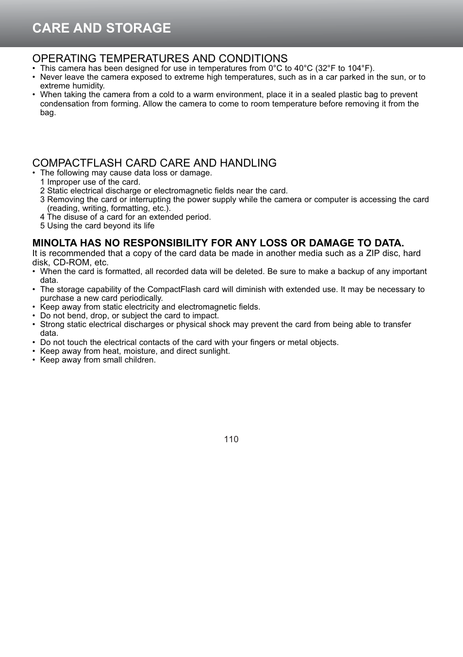 Care and storage, Operating temperatures and conditions, Compactflash card care and handling | Konica Minolta S304 User Manual | Page 110 / 118