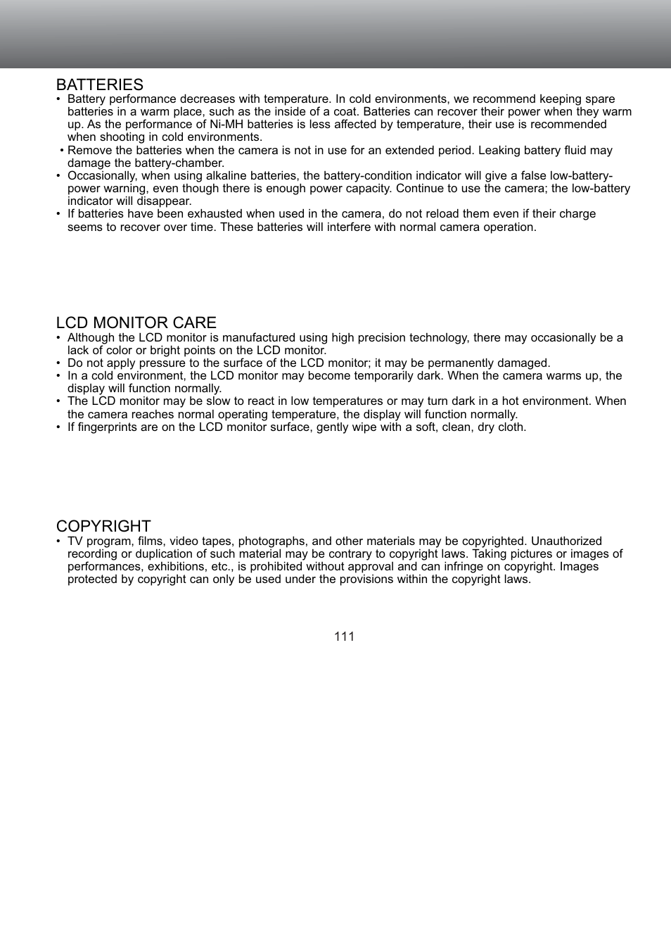 Batteries, Lcd monitor care, Copyright | Konica Minolta S304 User Manual | Page 111 / 118