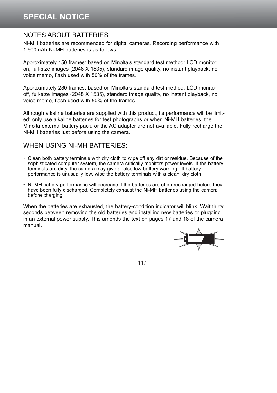 Notes about batteries, Special notice | Konica Minolta S304 User Manual | Page 117 / 118