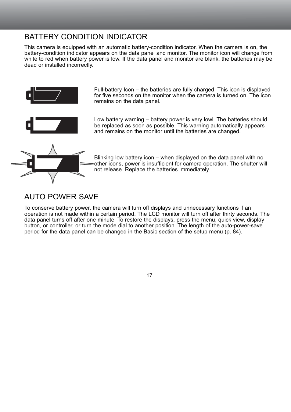 Battery condition indicator auto power save, Battery condition indicator, Auto power save | Konica Minolta S304 User Manual | Page 17 / 118