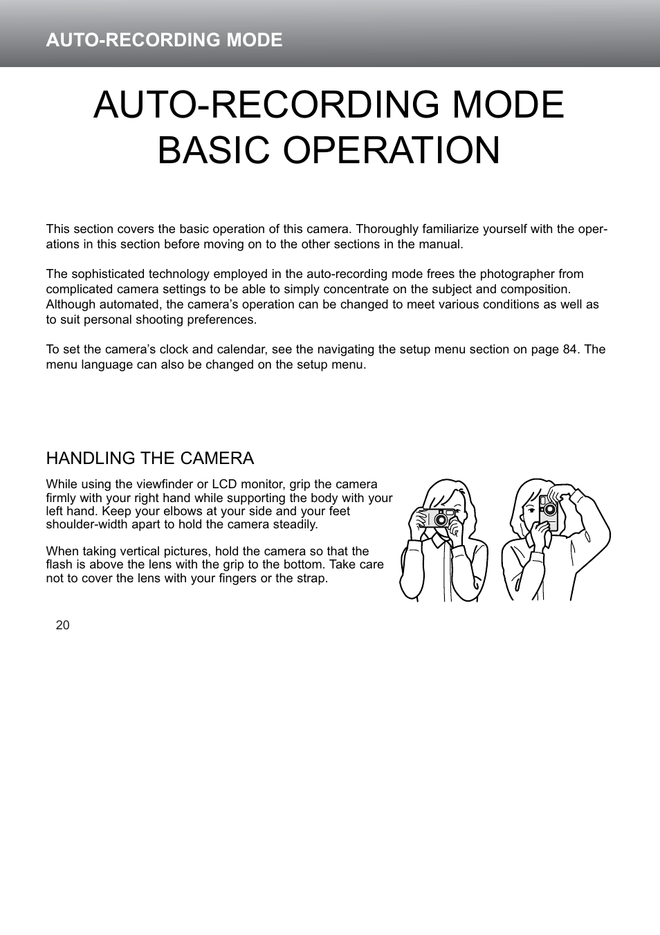 Auto-recording mode – basic operation, Handling the camera, Auto-recording mode basic operation | Konica Minolta S304 User Manual | Page 20 / 118
