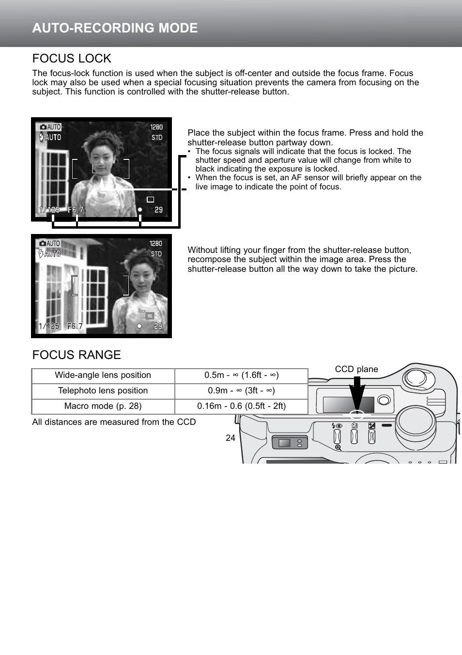Focus lock focus range, Auto-recording mode, Focus lock | Focus range | Konica Minolta S304 User Manual | Page 24 / 118