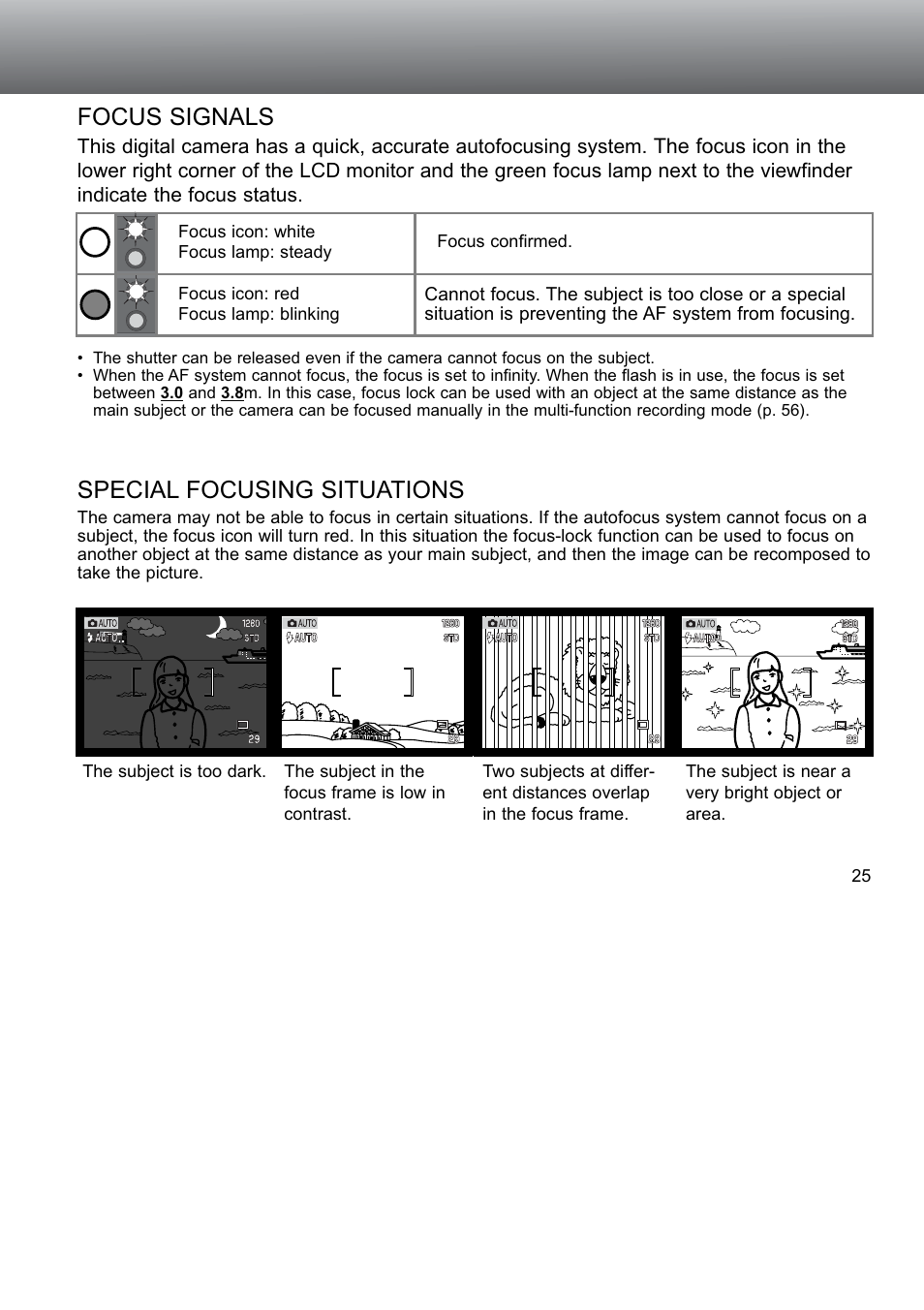 Focus signals, Special focusing situations, Focus signals special focusing situations | Konica Minolta S304 User Manual | Page 25 / 118